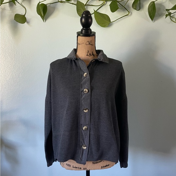 Vintage 90s Express Tricot Collared Button Front Knit Long Sleeve in Grey Blue - Picture 2 of 10